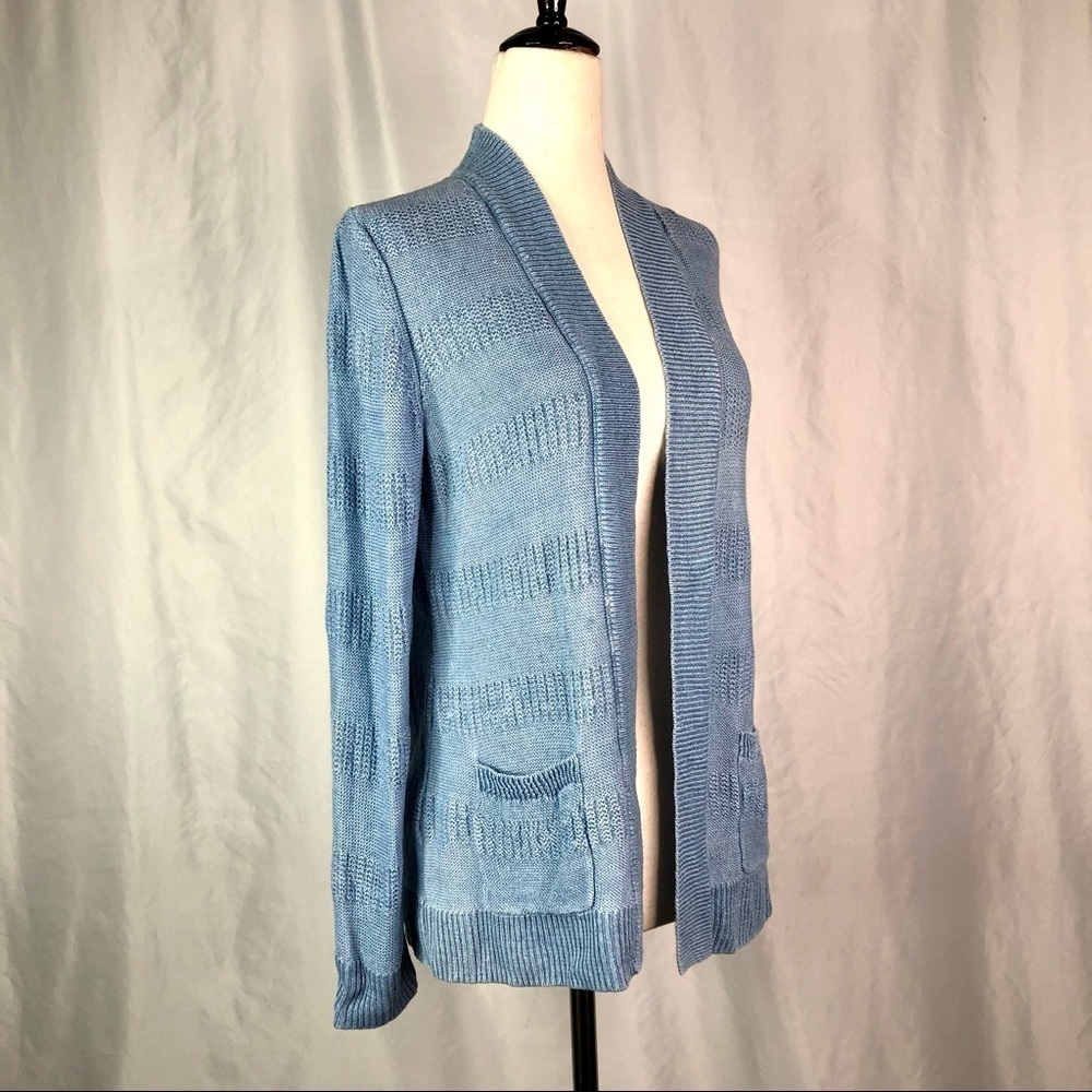 Talbots petite cardigan 100% linen cornflower blue texture stripes open front